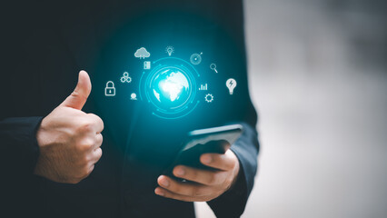 Internet networking, remotely work, data exchange concept. Young using smart mobile phone with internet network connection