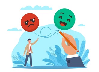 Help in changing emotional thinking. Bad and good mood, help of friend, coach, psychotherapist consultation, angry and happy man. Mental health. Vector cartoon flat isolated concept
