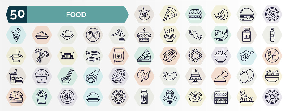 set of food web icons in outline style. thin line icons such as vegan, , fair, protein container, sardines, rice bowl, sushi and chopsticks, five birthday cake, onion rings, ring pop icon.