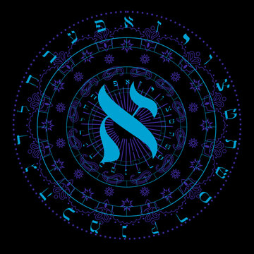 Vector illustration of the Hebrew alphabet in circular design. Hebrew letter called Aleph large isolated on black	