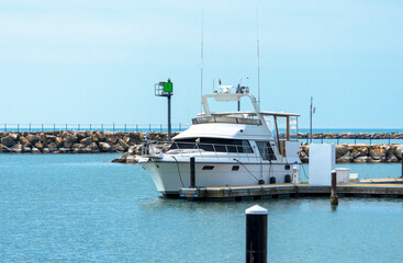 A boat docked at the Port Washington Marina in Port Washington, Wisconsin.