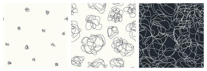 Abstract scribbles seamless pattern set. Vector background collection in neutral black and off-white colors with scattered strokes and curved lines.