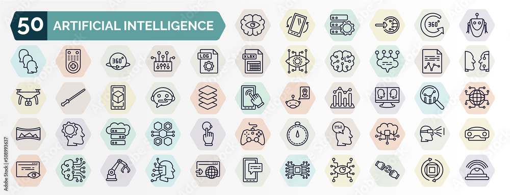 Poster set of artificial intelligence web icons in outline style. thin line icons such as rearview mirror, 