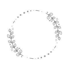 Floral circle wreath with leaves. Plant round frame with tree branch. Minimal line hand drawn doodle illustration. Black and white color
