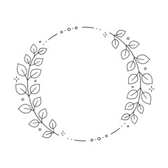 Floral circle wreath with leaves. Plant round frame with tree branch. Minimal line hand drawn doodle illustration. Black and white color