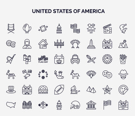 set of united states of america web icons in outline style. thin line icons such as director chair, capitol, donut, flag day, donkey, veterans day, rugby, walk of fame, fire hydrant icon. - obrazy, fototapety, plakaty