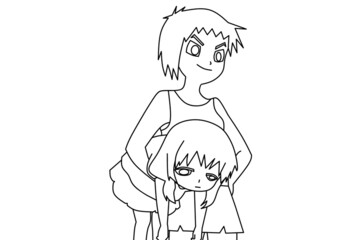 Anime girl holding small girl line art drawing 