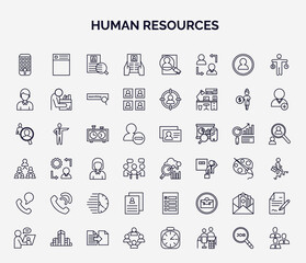 set of human resources web icons in outline style. thin line icons such as application, job application, man, chess clock, benchmarking, call, cv, salary, work team icon.