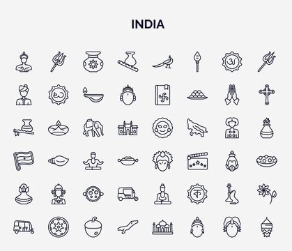 set of india web icons in outline style. thin line icons such as indian goddess, krishna janmashtami, indian man, indian elephant, krishna, indra, ricksaw, hookah, assam icon.