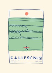 Simple vintage line drawing of a beach and tine surfer figure with a surfboard on it. Silkscreen vintage typography t-shirt print.