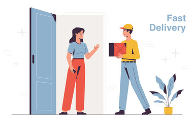 Delivery service man giving box to a customer around door vector illustration