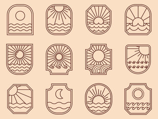 set of Ocean Sun Wave badge Logo icon line art Design illustration