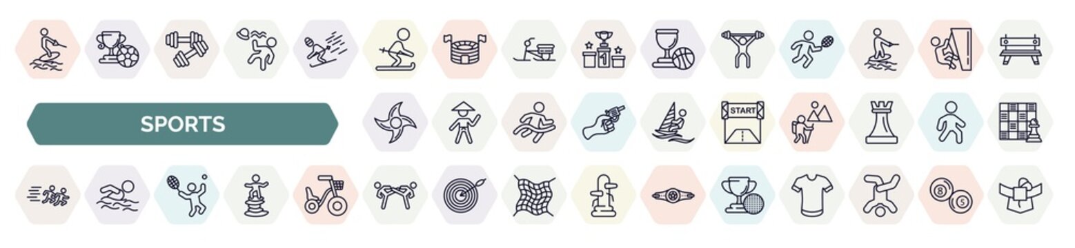 set of sports icons in outline style. thin line icons such as water ski, skier skiing, man lifting weight, ninja shuriken, starting line, running a race, man playing tennis, two judo fighters, golf