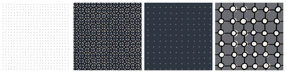Abstract molecular, сrystal structure, atomic grid, chemistry 
geometric seamless pattern set. Vector background collection in grey, black and ivory neutral colors.