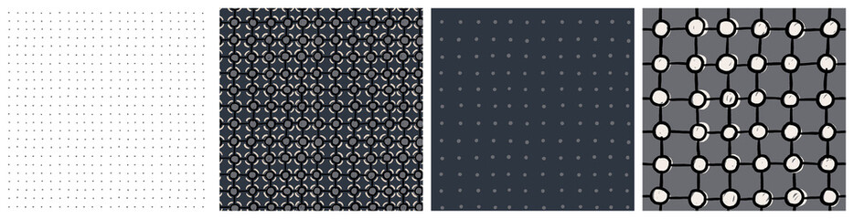 Abstract molecular, сrystal structure, atomic grid, chemistry 
geometric seamless pattern set. Vector background collection in grey, black and ivory neutral colors.