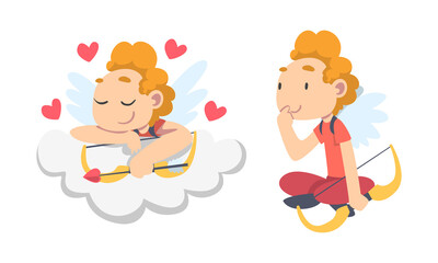 Funny Boy Cupid Character Flying with Wings Holding Bow and Arrow Vector Set