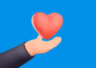 Concept of love, charity illustration. 3D red heart, like, love and share symbol. Human Hand gives to someone big red heart. People kindness. 3D Philanthropy and donation icon. Vector illustration