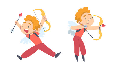 Funny Boy Cupid Character Flying with Wings Holding Bow and Arrow Vector Set