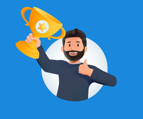 Business man champion golden winner cup. Award prize, win award. Business success, goal achievement celebration. 3d vector people character illustration. Leadership, archievement, winning award trophy