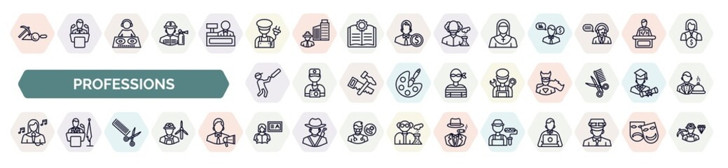 set of professions icons in outline style. thin line icons such as archeologist, electrician, nun, cricket player, mechanic, singer, hairdresser, teacher, dyer icon. - obrazy, fototapety, plakaty