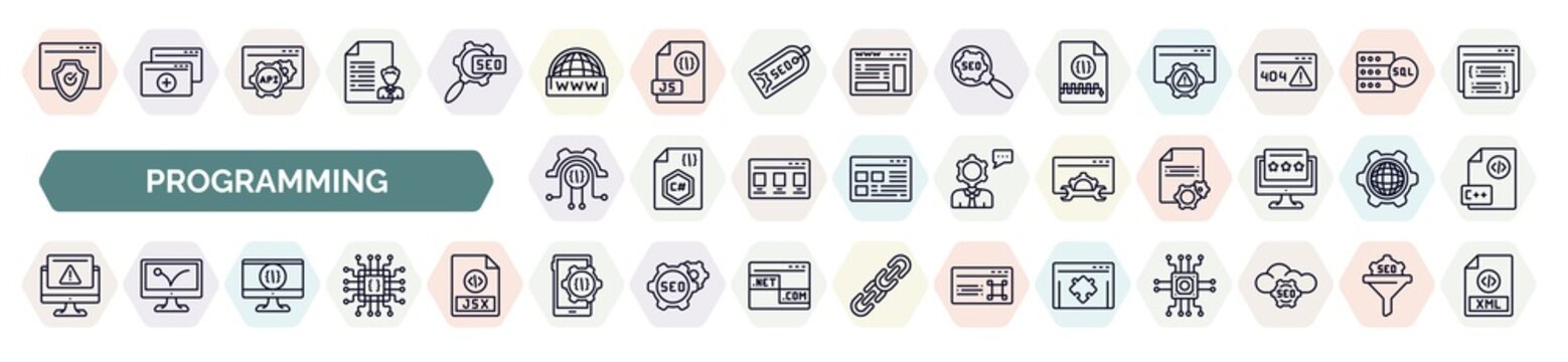 set of programming icons in outline style. thin line icons such as authorize, www, archive, engineering, seo tools, program error, computing, mobile development, plugin icon.