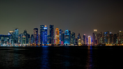 The skyline of Doha city center during evening, Qatar. Selective focus