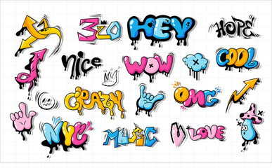 Graphic set street art with tags and 3D graffiti with effect. The art of drawing with Urban savage spray paint. A cool set of drawings of cartoon graffiti for children. Hand drawn graffiti doodle © ZinetroN