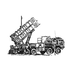 Multiple launch rocket system. Military vehicle. Hand drawing.