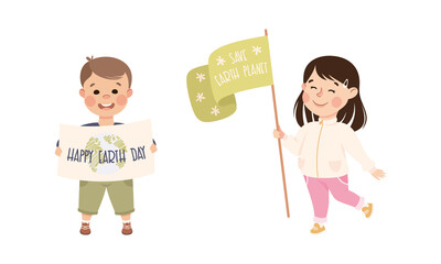 Little Boy and Girl with Banner for Earth Day Caring About Nature and Planet Vector Set