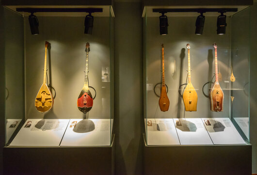 Museum of Kazakh national instruments/Almaty, Kazakhstan - April 10, 2014; Showing different types of Kazakh folk musical instruments