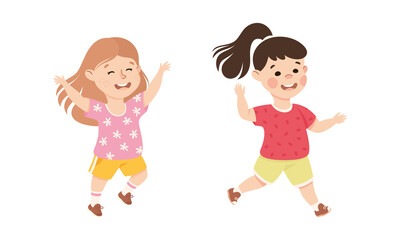 Excited Little Girl Jumping with Joy Expressing Happiness Vector Set