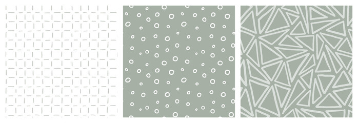 Scandi seamless pattern set in neutral sage green and white colors. 