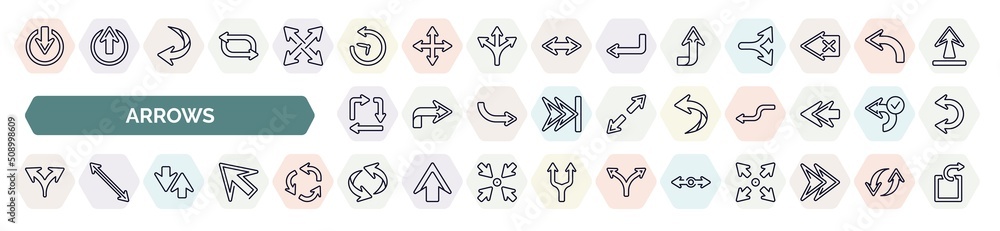 Poster set of arrows icons in outline style. thin line icons such as exit down, reload time, upward, square