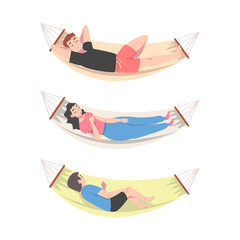 Male and Female Lying in Hammock and Sleeping Having Rest Vector Illustration Set