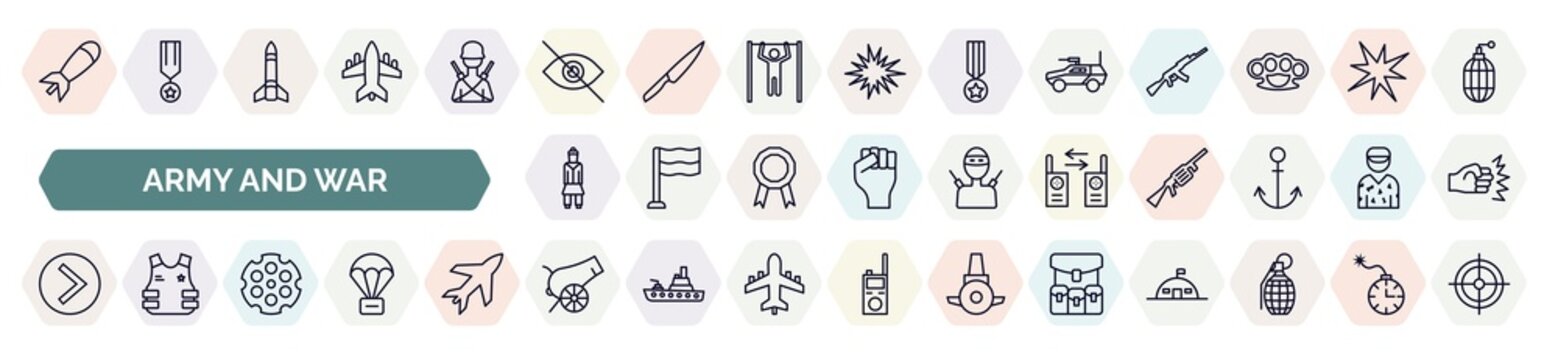 set of army and war icons in outline style. thin line icons such as airplane bomb, stealth, armored vehicle, , two way radio, chevron, chamber, canon, army backpack icon.