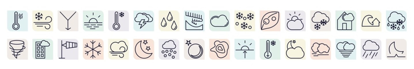 set of weather icons in outline style. thin line icons such as hot, convergence, thunderbolt, snowing, snowy, blanket of fog, snow, hail, cloudy night icon. - obrazy, fototapety, plakaty