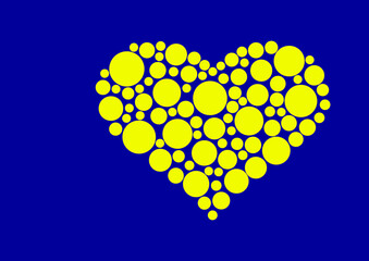 Heart image created with small circles. Ukraine flag background image. 