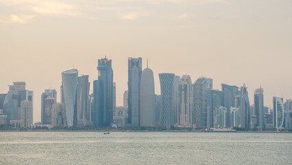 Doha,Qatar- May 23 2021: Qatar capital city Doha skyline with high rise buildings. selective focus