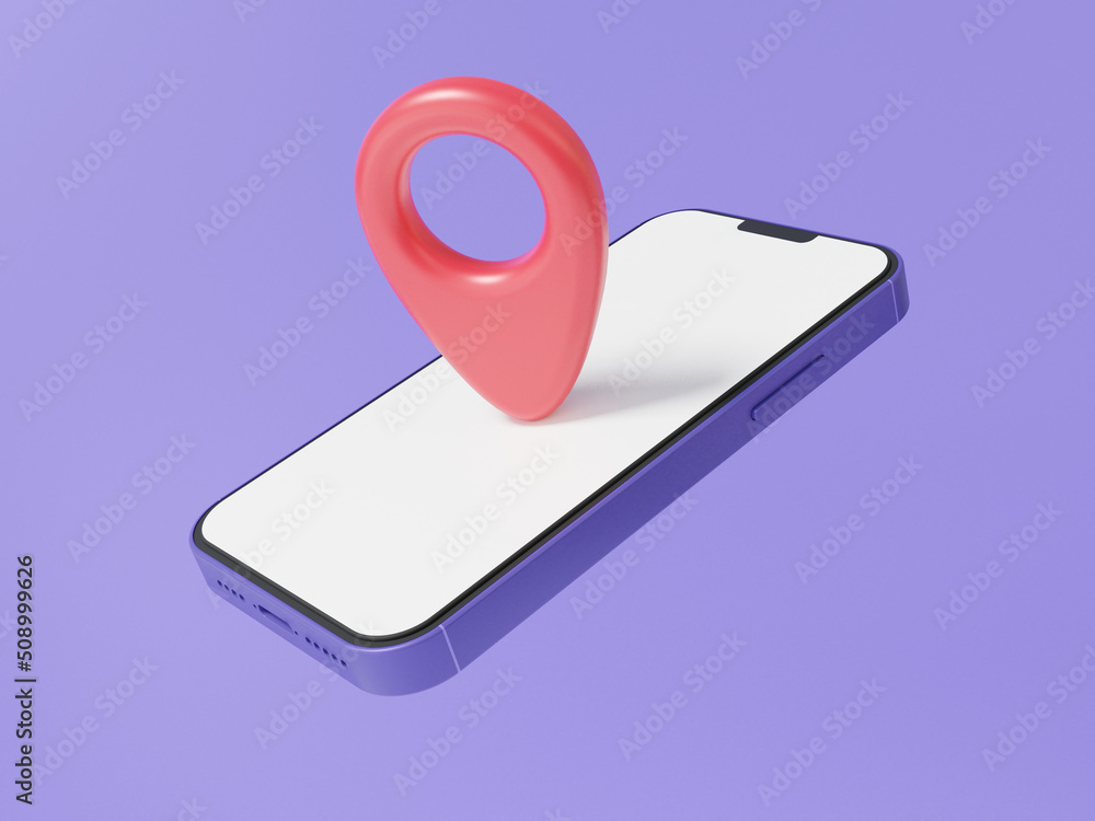 Poster pin pointer gps concept via smartphone floating on pastel purple background. address location online