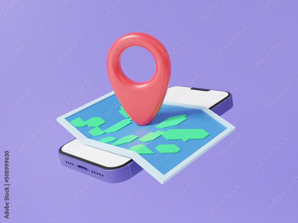 Poster mapping red pointer gps concept on smartphone floating with pastel purple background. online mobile 