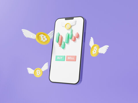 Buy Sell, coins bitcoin wing fly cryptocurrency trading on mobile app and financial currency transfer transaction money, exchange invesment trader concept. 3d render illustration