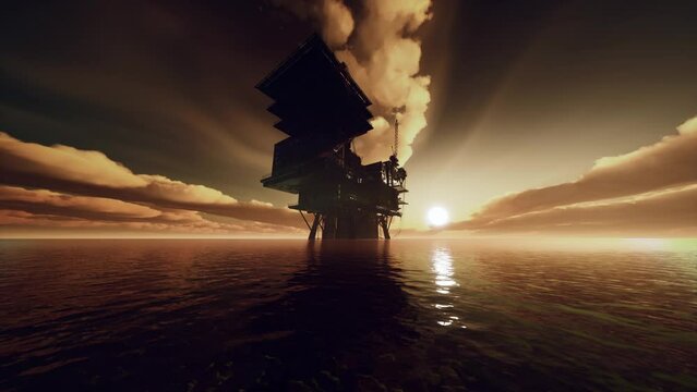 Aerial view offshore drilling rig at the offshore location during sunset
