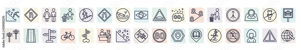 Poster set of maps and flags icons in outline style. thin line icons such as mining work zone, toilets, nar