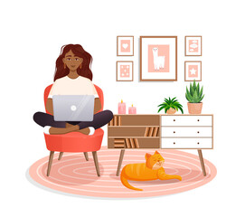 Woman is sitting on a chair at home at a laptop computer. Remote work, office at home, programming, freelance. Study at home in quarantine. Vector illustration. Cozy interior with a cat