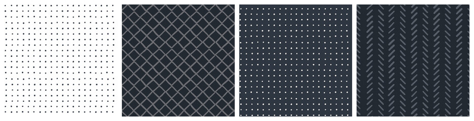 Dark geometric masculine seamless pattern set. Classical with modern twist herringbone, dot grid and diamond patterns. Vector background collection in neutral grey, charcoal black and white colors