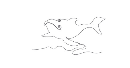 Fototapeta na wymiar Big whale is swimming in sea. One black line drawing whale on white. Modern cute mammal animal design in minimalist style for company logo identity, concept for national aquatic zoo icon. Vector
