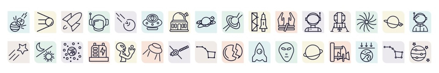 set of astronomy icons in outline style. thin line icons such as space collision, rocket flying, alien with aqualung, launching shuttle, lander, day and night, generator, voyager, saturn © IconArt