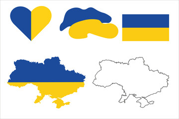 Set ukrainian symbolics heart, flag. Vector map state of Ukraine. Black outline on a white background. Blue, yellow colour
