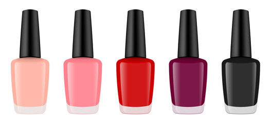 Set of realistic nail polish bottles. Nail laquer or gel. Nude pink, red and black colors.