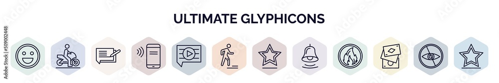Poster set of ultimate glyphicons web icons in outline style. thin line icons such as smiling face, man on 